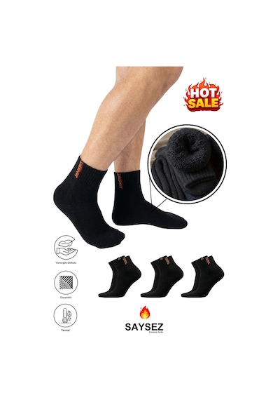 Saysez 3 Çift Termal Erkek Kışlık Patik Yarım Konç Havlu Kalın Çorap Dikişsiz Siyah Renk Premium Pamuk Siyah