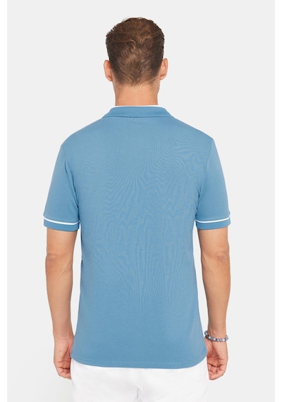 Tudors Erkek Slim Fit Dar Kesim %100 Pamuk Düz Pike Fermuarlı Mavi Polo Yaka Tişört-31112 Mavi