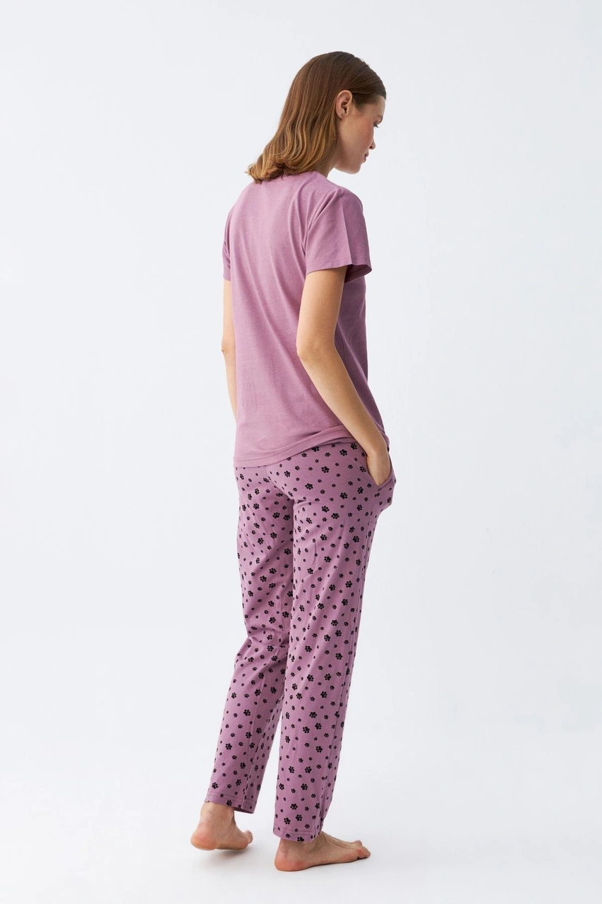 Akbeniz Kadın Mor Patili Tavşan Baskılı Cepli Pijama Takımı Mor