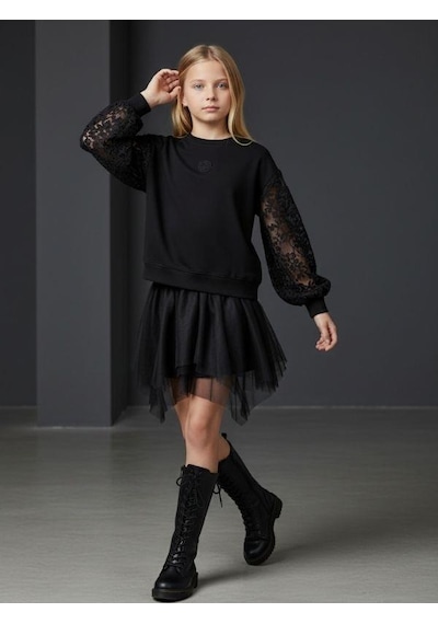 Kız Çocuk Kolları Tül Detaylı Tasarım Sweatshirt-16551 Siyah