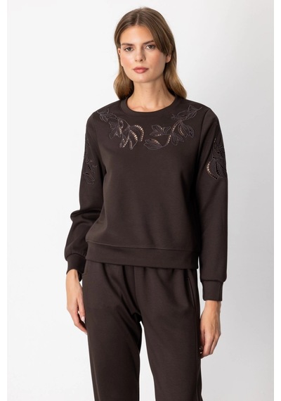 On Fashion Kolları Ve Yakası Pencere Detaylı Kahverengi Sweatshirt 66322 Kahve