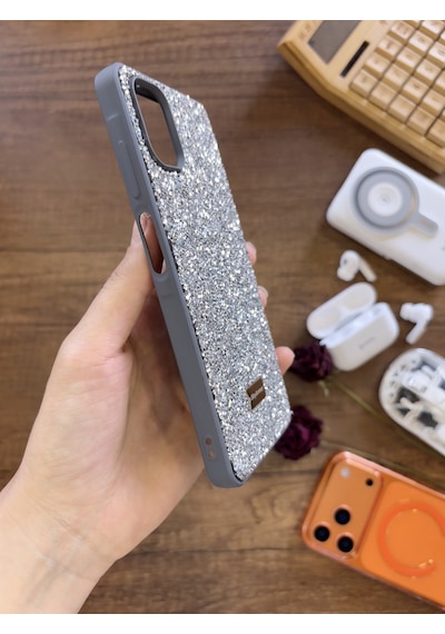 Samsung A06 Uyumlu Kadife İç Yüzey Tasarımlı Taşlı Işıltılı Parlak Pırlanta Kılıf Dia Plus Gri