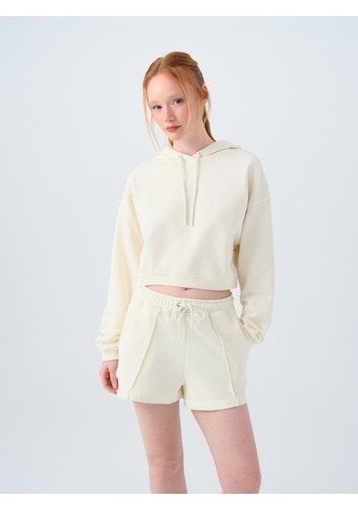Loose Crop Kadın Sweatshirt Ekru