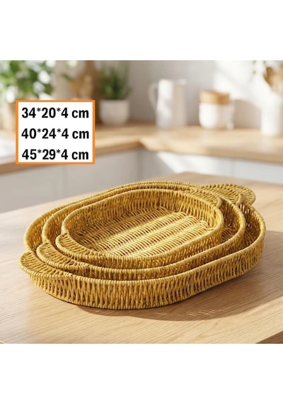 Durukar İç İçe Geçebilen 3 Lü Oval Plastik Rattan Tepsi Seti Hasır Görünümlü Çok Amaçlı Servis Ve S