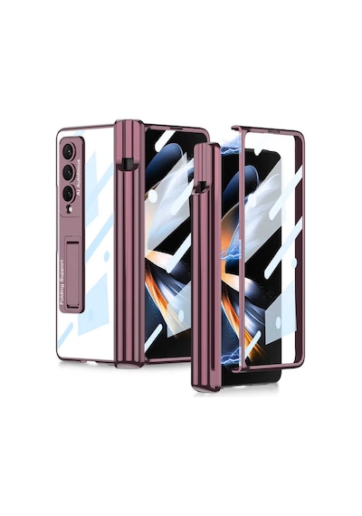 Rba Aksesuar Galaxy Uyumlu Z Fold 4 Kılıf Rba Kıpta Standlı Kalem Bölmeli Kapak - Mürdüm Çok Renkli