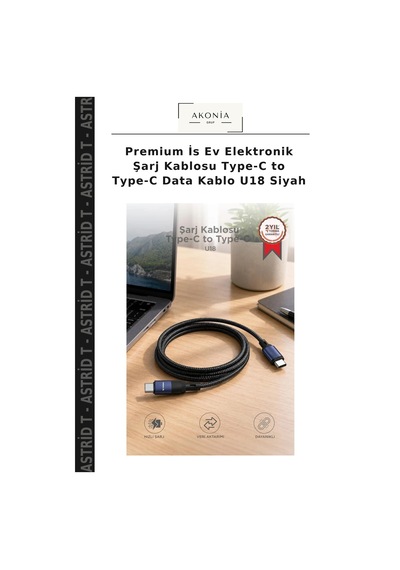 Premium İs Ev Elektronik Şarj Kablosu Type-c To Type-c Data Kablo U18 Siyah