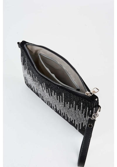 Vivaq Kadın Dalgalı Gümüş Taşlı Süet Bilek Askılı Ve Zincir Askılı Portföy El Ve Clutch Çanta SİYAH