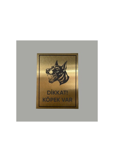 Gold Metal Dikkat Köpek Var Uyarı Levhası 14x20 Cm Arkası Yapışkanlı
