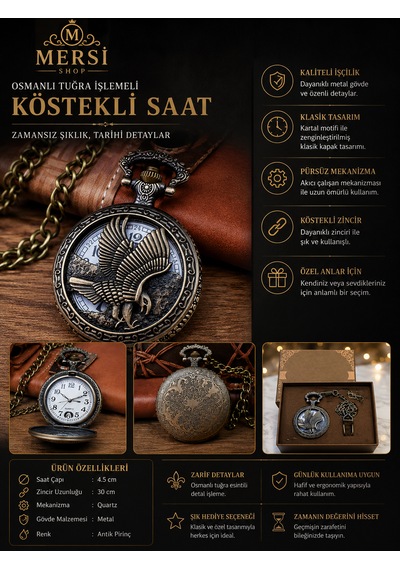 Kartal Figürlü Nostaljik Köstekli Cep Saati Metal Zincirli Antika Tasarım