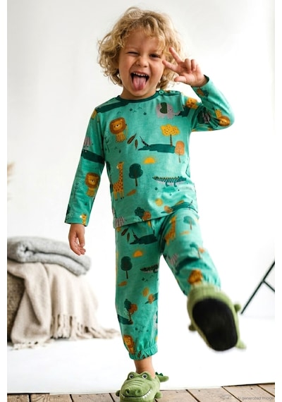Breeze Erkek Bebek Pijama Takımı Safari Temalı Sevimli Hayvancıklar Desenli 9 Ay-3 Yaş, Yeşil