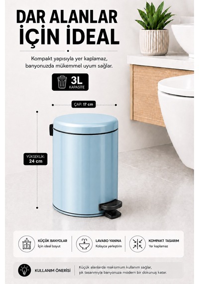 Sas Haus Pedallı Çöp Kovası 3 Litre İç Kovalı Kapaklı Banyo Çöp Kutusu Bebek Mavisi - Elit 7003 Mavi