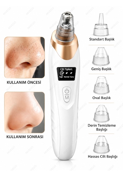 Ahm Vakumlu Derma Siyah Nokta Temizleme Cihazı Lcd Ekranlı 5 Başlıklı 3 Kademeli Güç Ayarlı Usb Şarjlı Gözenek Temizleyici Yüz Bakım Cihazı