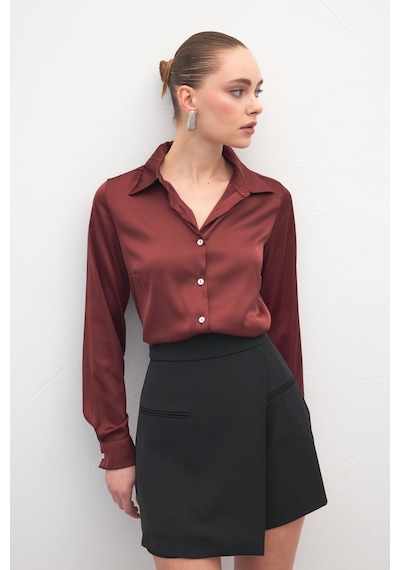 Sateen Saten Gömlek - Bordo-137000 Bordo