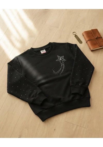 Alfa Kız Çocuk Siyah Taşlı Kol Taslı Sweatshirt
