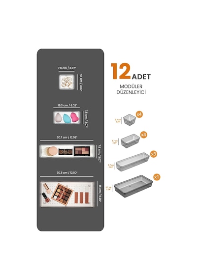 Meleni Home Modüler Çekmece İçi Düzenleyici Set 12'li  Siyah