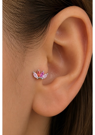 Sertifikalı 316l Çelik Pembe Fuşya Ve Mercan Markiz Taşlı Taç Form Premium Gümüş Renk Tragus Ve Heli