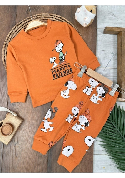 Bisiklet Yaka Peanuts Friends Baskılı Alt Üst Pijama Takımı 4bb2 Kiremit