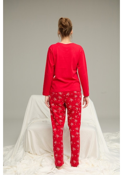 Siyah İnci Pamuklu Bisiklet Yaka Örme Pijama Takım25241155 Kırmızı
