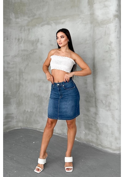 HLT Jeans Açık Mavi Kadın Regular Fit Yüksek Bel Orta Boy Denim Kot Etek Alice-4003 Açık Mavi