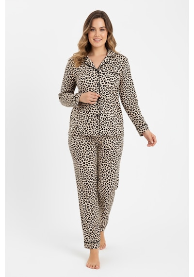 Bravie Luxury Viscose Leopar Desenli Kadın Uzun Kollu Büyük Beden Pijama Takımı 42526 Leopar2