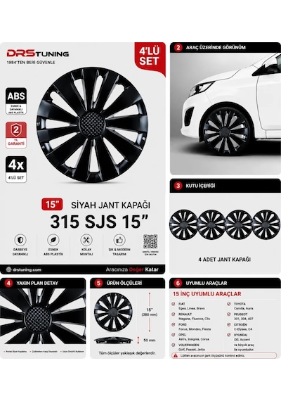 Alfa Romeo Uyumlu 15 Inc Kırılmaz Parlak Siyah Jant Kapağı 1 Takım 4 Adet No:315