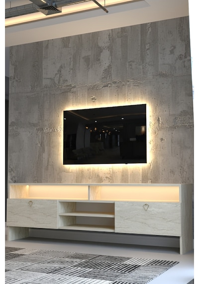 Resital Ledli Tv Sehpası - Led Işıklı - Gold Traverten - Gl9032-8