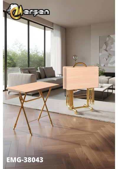 Eranş Serisi 4'lü Katlanır Mdf Mebran Ahşap Çanta Zigon Sehpa Gold Ayak Krem Ahşap Desen Gold Ayak