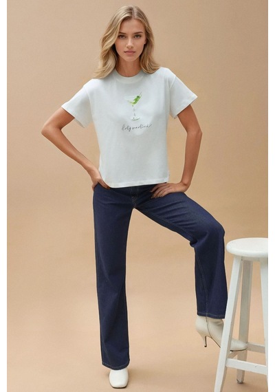Hiccup Baskı Detaylı Regular Fit Bisiklet Yakalı %100 Pamuklu T-shirt Beyaz