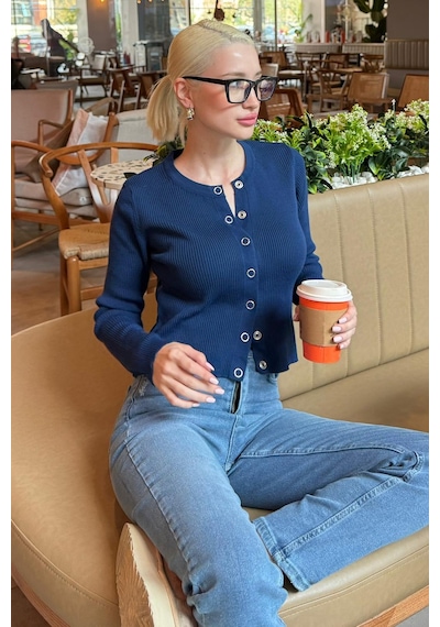 Madmext İndigo Çıt Kapamalı Triko Kadın Hırka Mg2579 Indigo