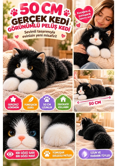 Siyah Gerçek Kedi Görünümlü Pelüş Kedi 50 Cm Uzun Tüylü Yumuşacık Sarılmalık Dekoratif Oyuncak Kedi