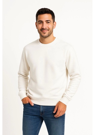 Erkek Üç İplik Düz Bisiklet Yaka Sweatshirt - Beyaz Beyaz