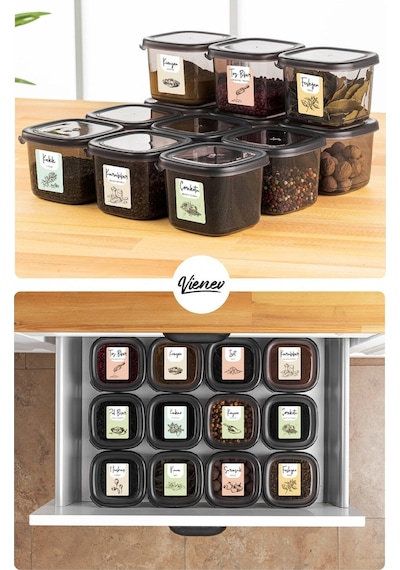 Vienev 18li Renkli Etiketli Peggy Kare Erzak Ve Baharat Full Set 6x 1,75 12x 0,45 Ant Çok Renkli