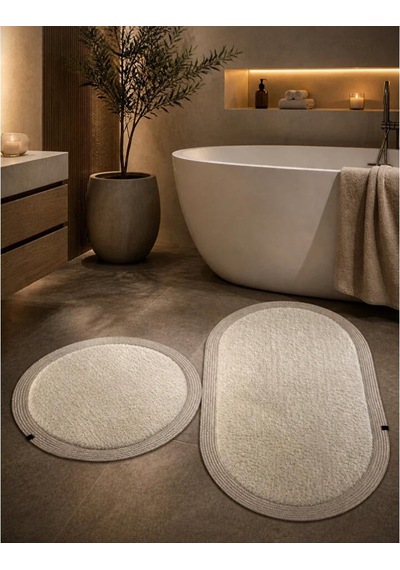 Kaymaz Taban Peluş Banyo Paspası Seti Beyaz Rengi Jüt Kenar Detaylı 2'li Oval Yuvarlak 100x60 60x60