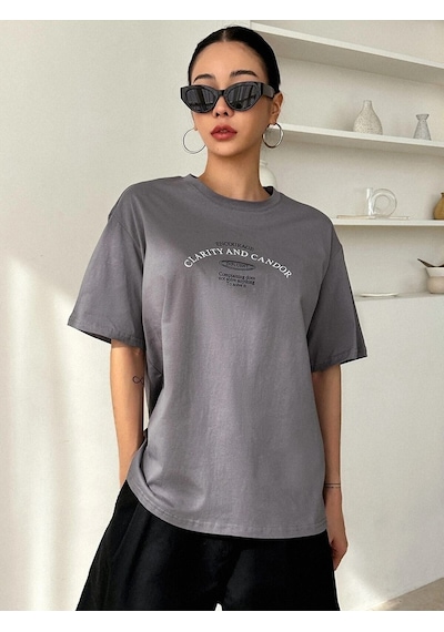 Flood Of Style Kadın Füme Clarity And Candor Baskılı Oversize T-shirt Gri