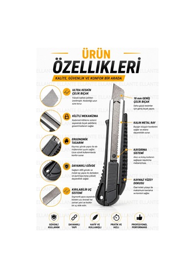 Profesyonel Maket Bıçağı 18 Mm Metal Raylı, Kırılabilir Çelik Uç, Kilitli Mekanizma, Ergonomik Fal