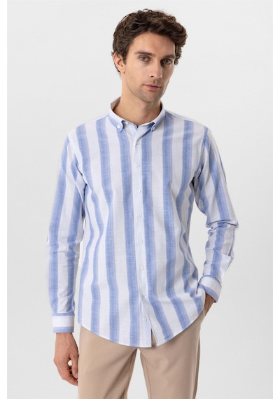 Süvari Mavi Slim Fit Desenli Düğmeli Yaka Çizgili Gömlek