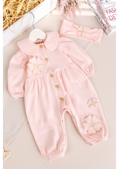 Babymod Bebe Yaka Çiçek Motifli 100% Pamuk Bandanalı Kız Bebek Tulum Somon