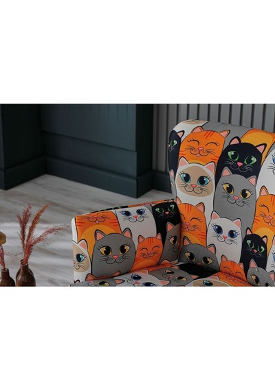 Azra Mobilya Çayseti Koltuk Berjer - Tekli Koltuk - Cafe, Ofis, Balkon, Kafe, Bahçe - Dijital Baskı Wb Kedi Desen