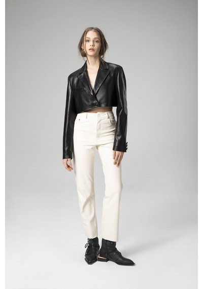Siyah Dericlub Wm034 Gerçek Deri Crop Blazer Kadın Ceket
