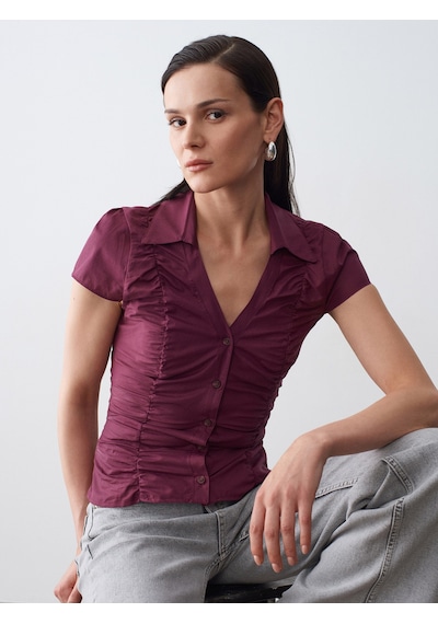 Dilvin 50546 %100 Pamuk Büzgülü Poplin Top-bordo
