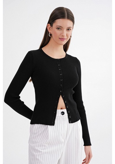 Hiccup Mixray Düğmeli Slim Fit Yivli Örgü Hırka Siyah