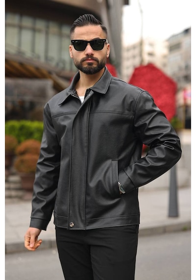 Erkek Dikiş Detaylı Retro Deri Ceket Siyah Dz