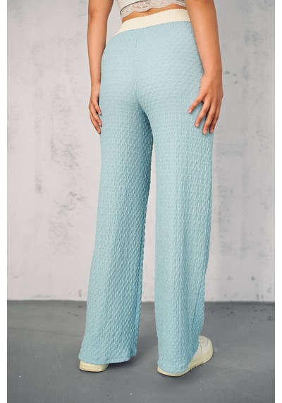Gugus Kadın Gofre Beli Güpür Lastikli Wide Lege Yazlık Pantolon Mavi