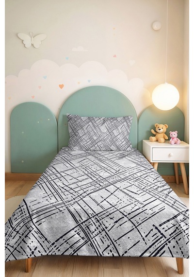 Gri Geometrik Genç Odası Tek Kişilik Pike Takımı - Antrasit Çizgili 160x220 Cm Kapitone Yatak Örtüsü Mavi