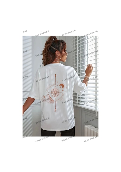 Tarzsokak Pusula Baskılı Oversize Unisex Beyaz
