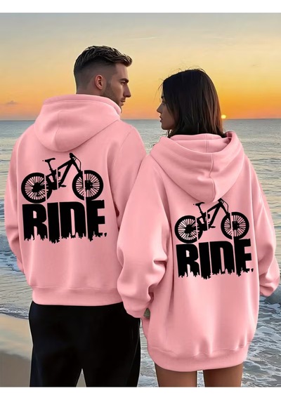 Nevermind Sevgili Çift Kombin Hoodie 2'li Set Ride Baskılı Unisex Oversize Pembe