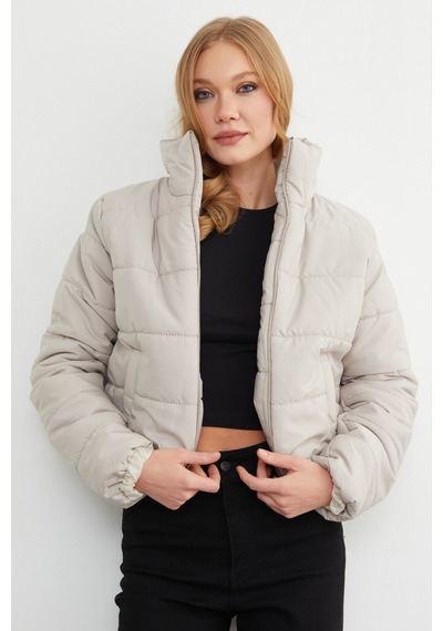 Fullamoda Beli Lastikli Crop Şişme Mont Taş