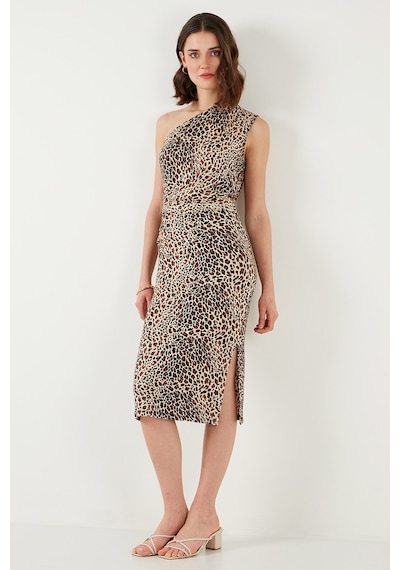 Lela Slim Fit Tek Omuzlu Yırtmaçlı Bağlama Detaylı Midi Bayan Elbise 5866272 Leopar