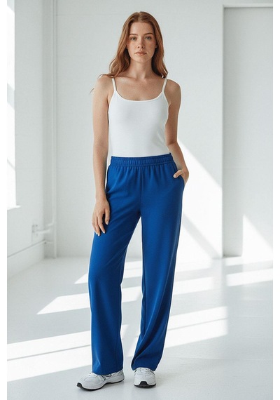 Dokuma Saks Geniş Paça Beli Lastikli Basic Uzun Kadın Pantolon Sh191 S