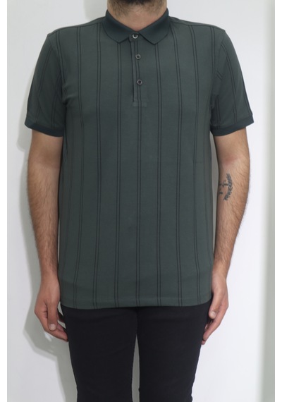 Santa Dmctekstil Erkek İnce Çizgili Spor Kesim Rahat Kalıp Polo Yaka T-shirt Haki